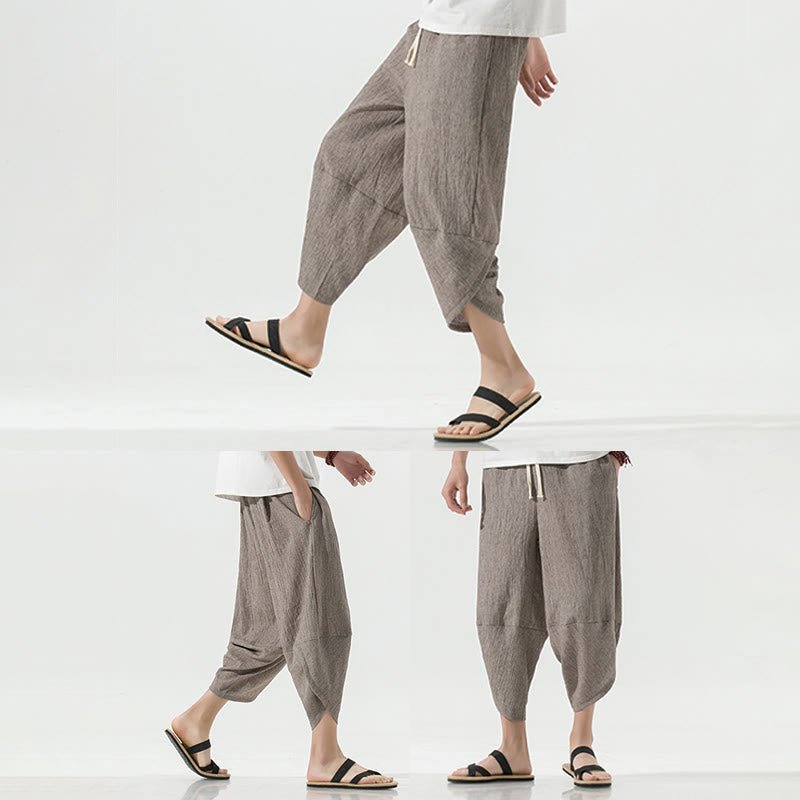 Nimara Ritual Plain Simple Design Drawstring 7-8 Length Linen Men's Harem Pants With Pockets