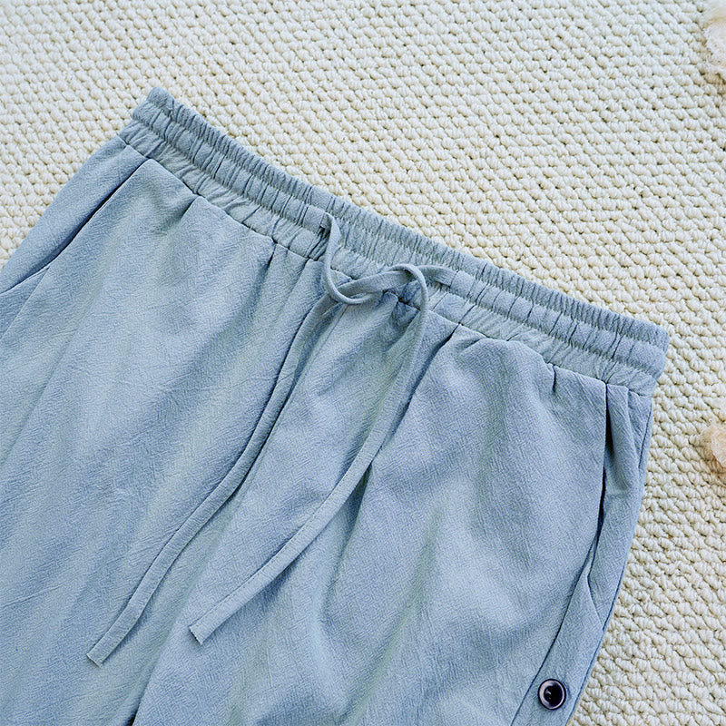Nimara Ritual Summer Plain Patchwork Design Drawstring Cotton Linen Women's Pants With Pockets
