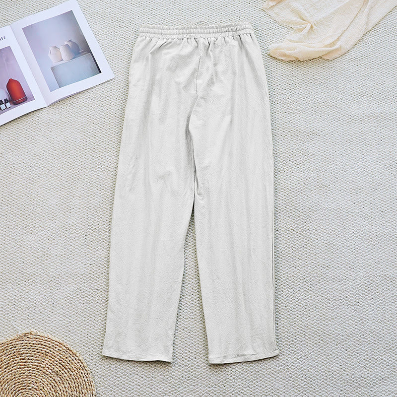 Nimara Ritual Summer Plain Patchwork Design Drawstring Cotton Linen Women's Pants With Pockets