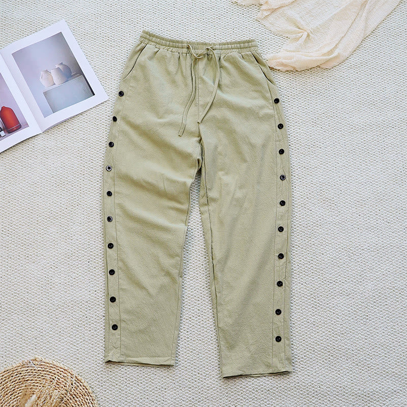 Nimara Ritual Summer Plain Patchwork Design Drawstring Cotton Linen Women's Pants With Pockets