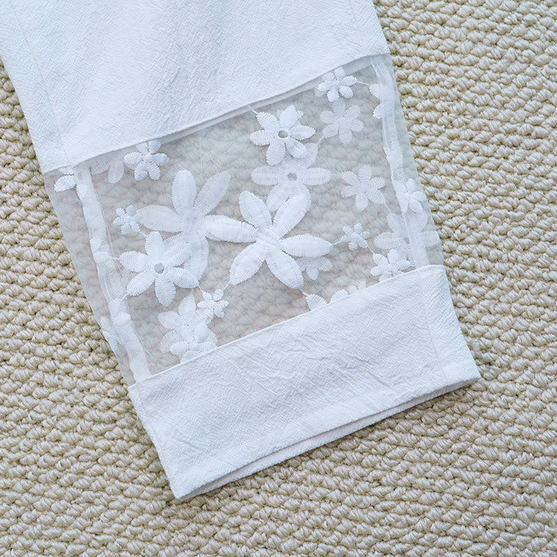 Nimara Ritual Summer Daily FloralWhite Plain Patchwork Lace Design Cotton Linen Women's Pants With Pockets