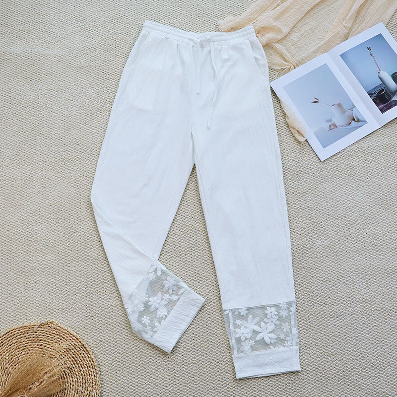 Nimara Ritual Summer Daily FloralWhite Plain Patchwork Lace Design Cotton Linen Women's Pants With Pockets