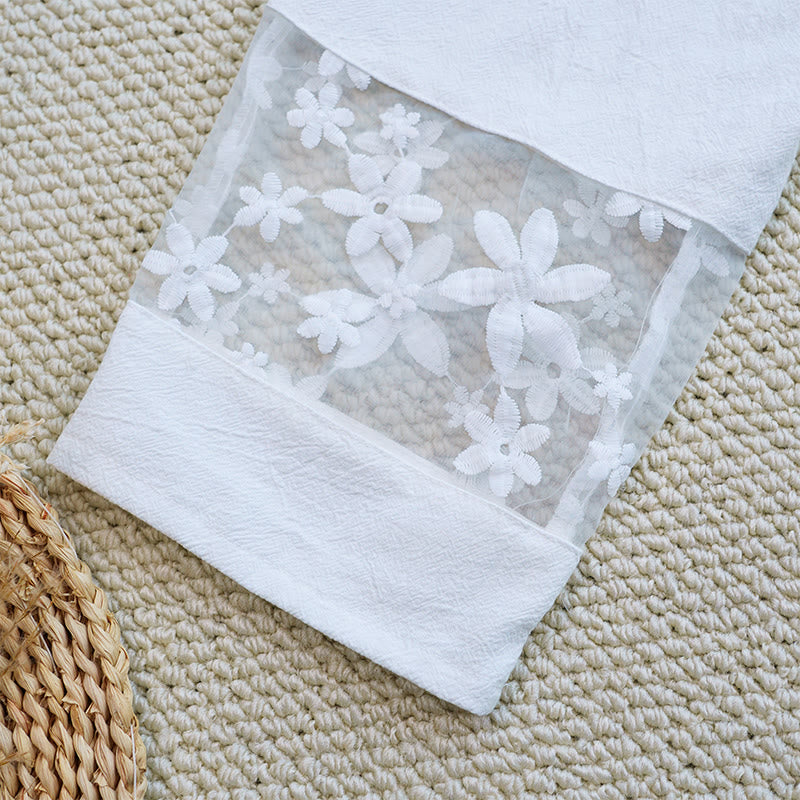 Nimara Ritual Summer Daily FloralWhite Plain Patchwork Lace Design Cotton Linen Women's Pants With Pockets