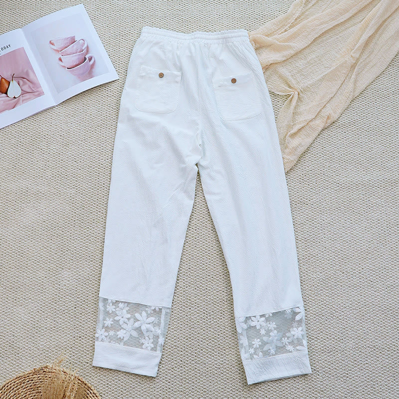 Nimara Ritual Summer Daily FloralWhite Plain Patchwork Lace Design Cotton Linen Women's Pants With Pockets