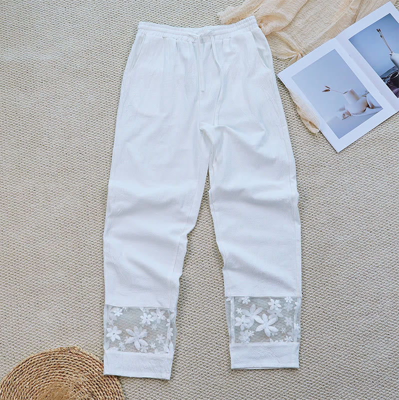 Nimara Ritual Summer Daily FloralWhite Plain Patchwork Lace Design Cotton Linen Women's Pants With Pockets