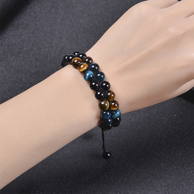 Nimara Ritual Natural Blue Tiger Eye Black Magnetite Om Pattern Double Row Beads Strength Bracelet