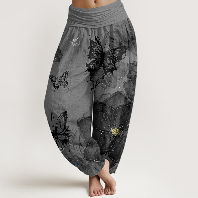 Nimara Ritual Cotton Butterfly Flowers Pattern Women's Elastic Waist Harem Pants