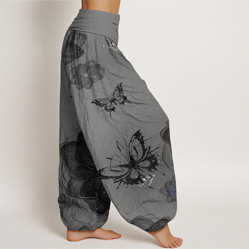 Nimara Ritual Cotton Butterfly Flowers Pattern Women's Elastic Waist Harem Pants
