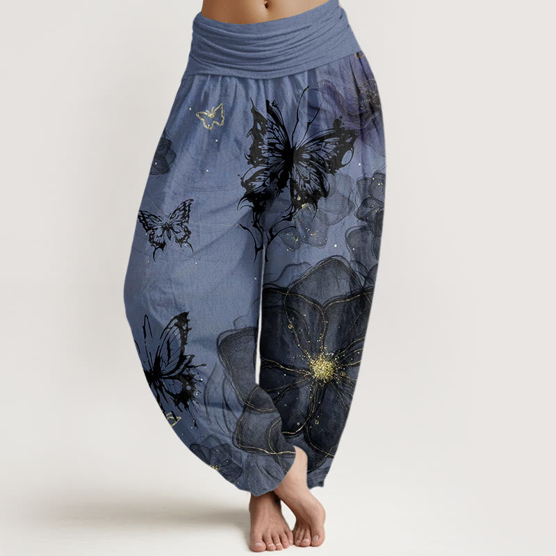 Nimara Ritual Cotton Butterfly Flowers Pattern Women's Elastic Waist Harem Pants