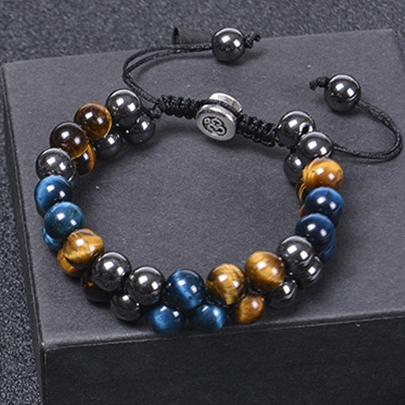 Nimara Ritual Natural Blue Tiger Eye Black Magnetite Om Pattern Double Row Beads Strength Bracelet
