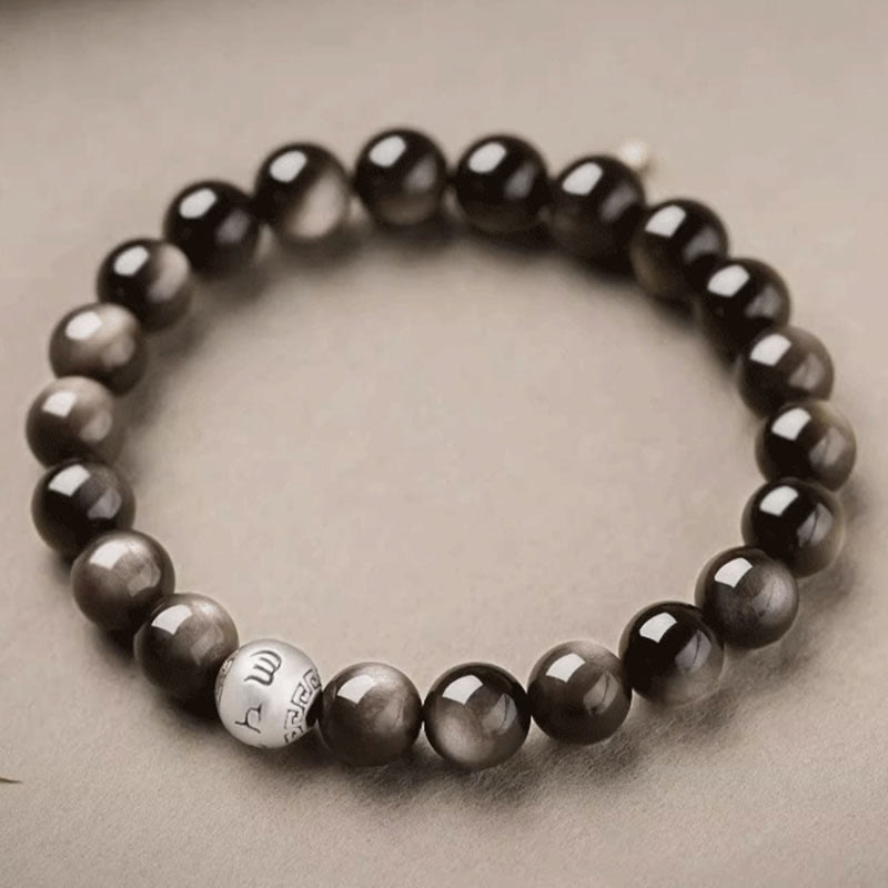 Nimara Ritual Natural Silver Sheen Obsidian Om Mani Padme Hum Protection Bracelet