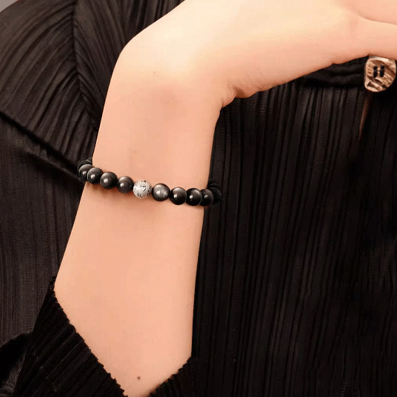 Nimara Ritual Natural Silver Sheen Obsidian Om Mani Padme Hum Protection Bracelet