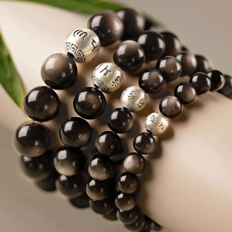 Nimara Ritual Natural Silver Sheen Obsidian Om Mani Padme Hum Protection Bracelet