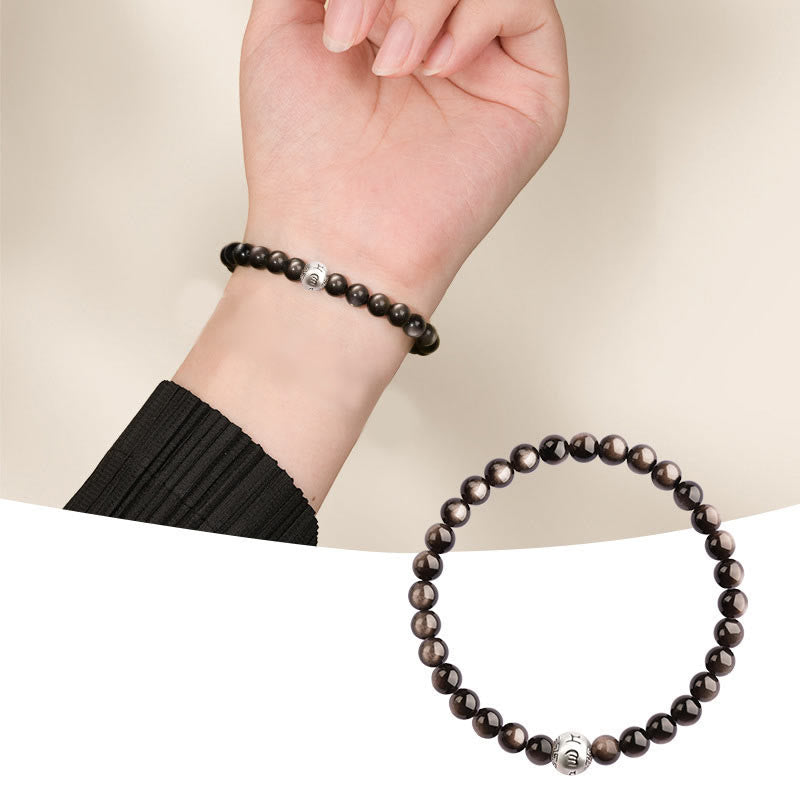 Nimara Ritual Natural Silver Sheen Obsidian Om Mani Padme Hum Protection Bracelet