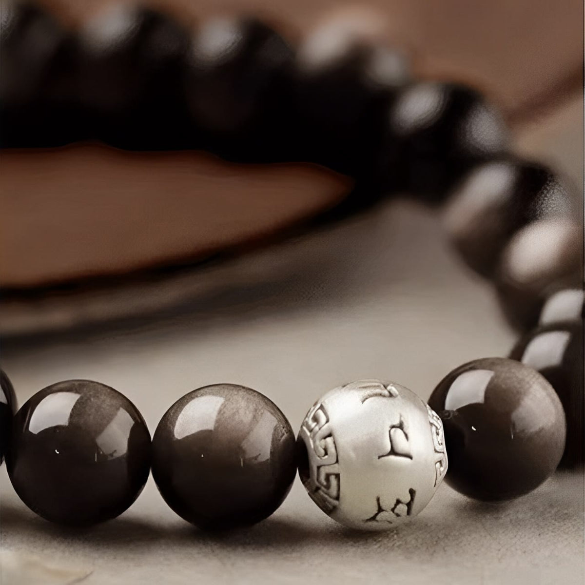 Nimara Ritual Natural Silver Sheen Obsidian Om Mani Padme Hum Protection Bracelet