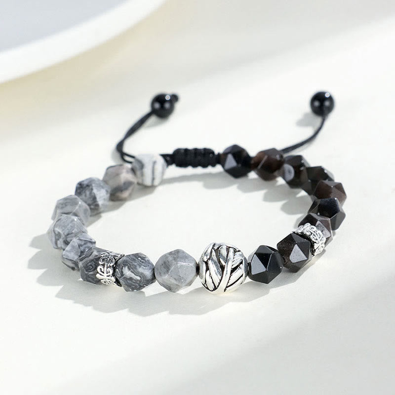 Nimara Ritual Natural Irregular Cut Obsidian Grey Jasper 925 Sterling Silver Rolled Leaf Bead Protection Bracelet