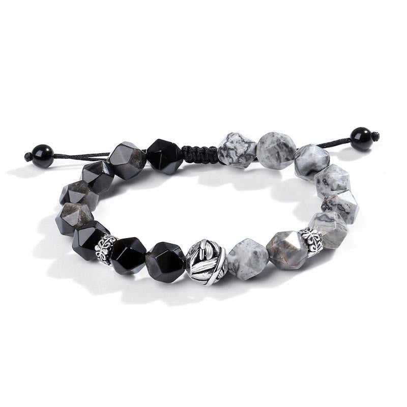 Nimara Ritual Natural Irregular Cut Obsidian Grey Jasper 925 Sterling Silver Rolled Leaf Bead Protection Bracelet