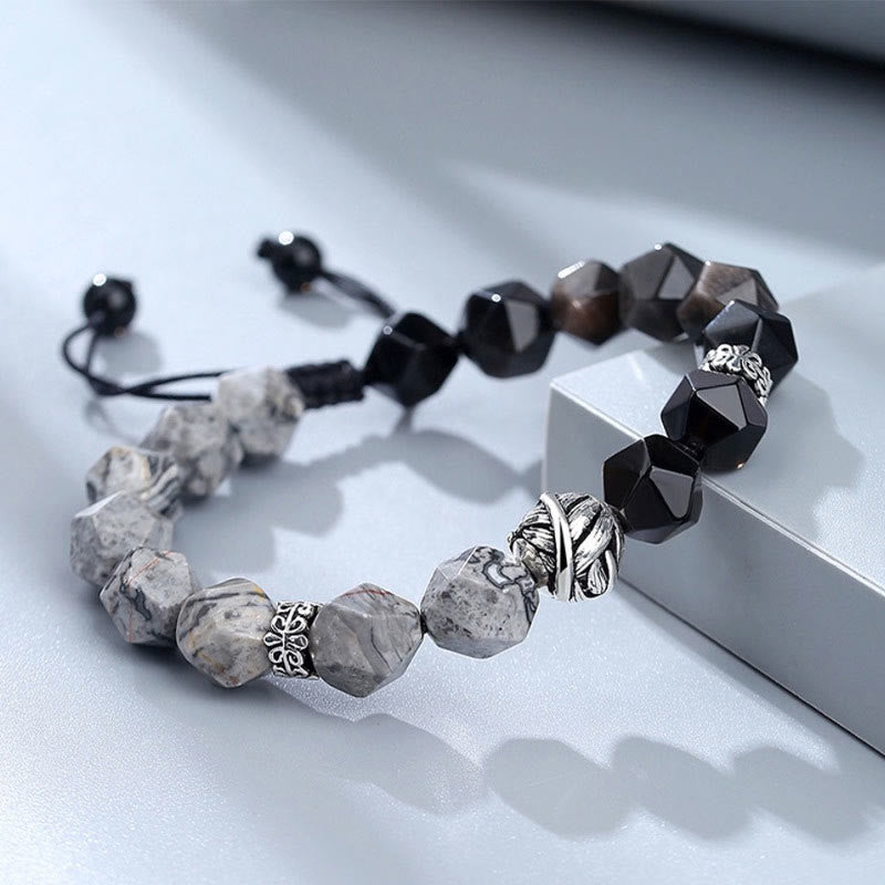 Nimara Ritual Natural Irregular Cut Obsidian Grey Jasper 925 Sterling Silver Rolled Leaf Bead Protection Bracelet
