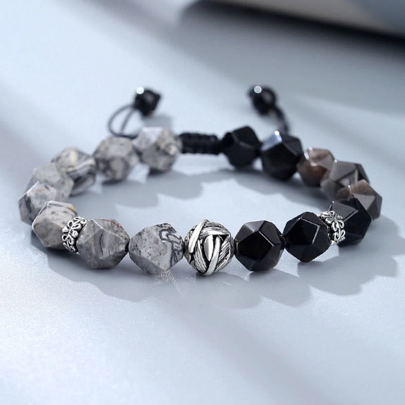 Nimara Ritual Natural Irregular Cut Obsidian Grey Jasper 925 Sterling Silver Rolled Leaf Bead Protection Bracelet