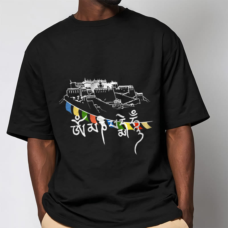 Nimara Ritual Potala Palace Om Mani Padme Hum Prayer Flags Cotton Tee T-shirt