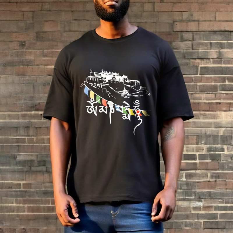 Nimara Ritual Potala Palace Om Mani Padme Hum Prayer Flags Cotton Tee T-shirt