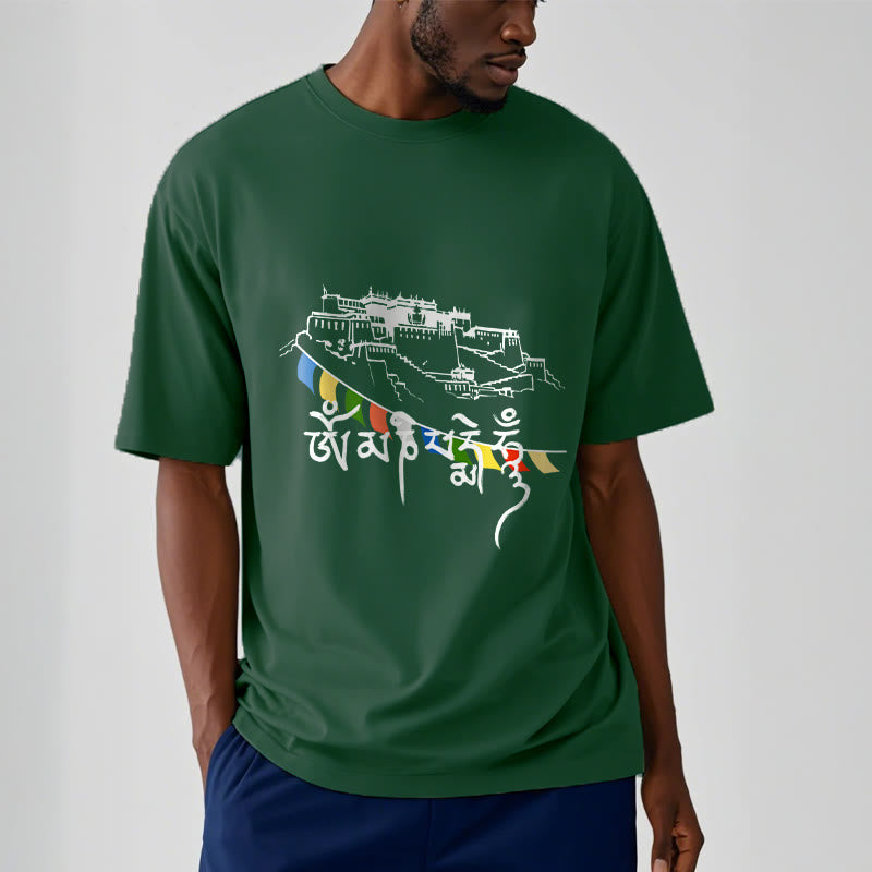 Nimara Ritual Potala Palace Om Mani Padme Hum Prayer Flags Cotton Tee T-shirt