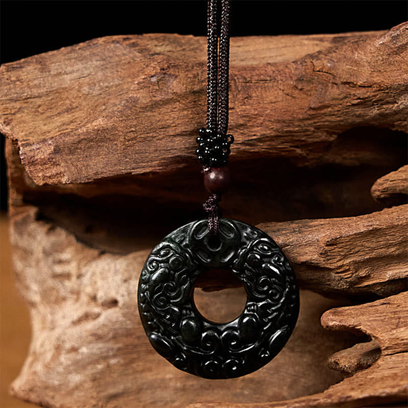 Nimara Ritual Tibetan Nanyang Black-Green Jade PiXiu Peace Buckle Protection Necklace Pendant