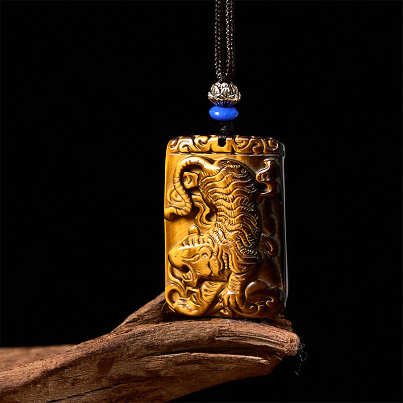 Nimara Ritual Natural Tiger Eye Square Tiger Pattern Protection Rope Necklace Pendant