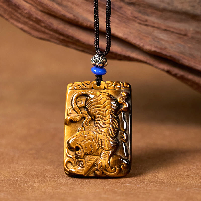 Nimara Ritual Natural Tiger Eye Square Tiger Pattern Protection Rope Necklace Pendant
