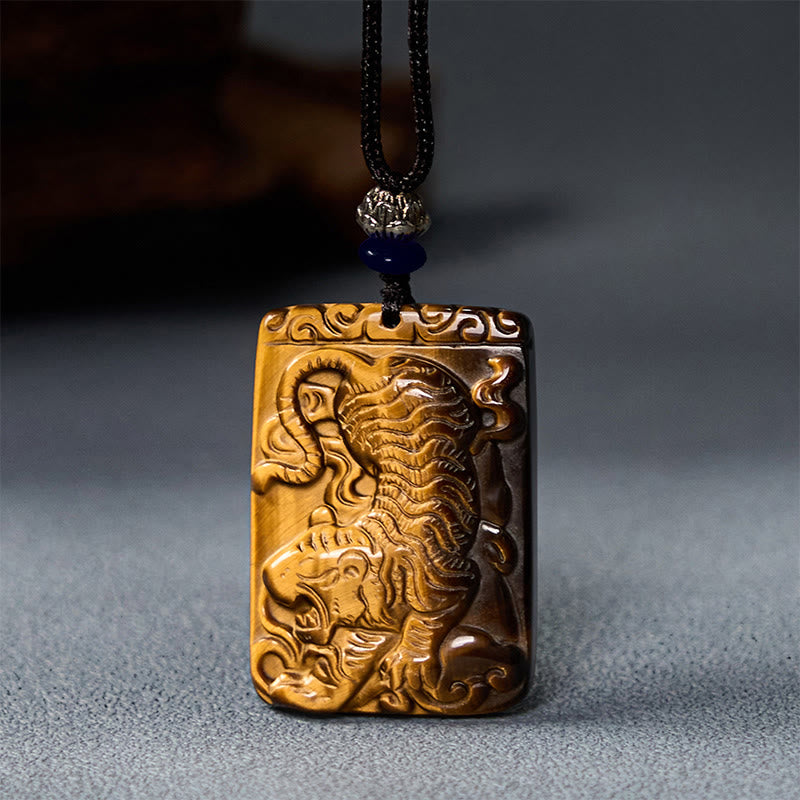 Nimara Ritual Natural Tiger Eye Square Tiger Pattern Protection Rope Necklace Pendant