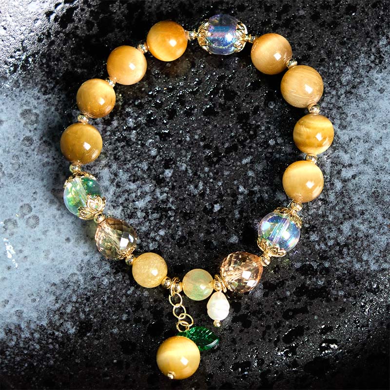 Nimara Ritual Natural Tiger Eye Beads Green Leaf Courage Bracelet