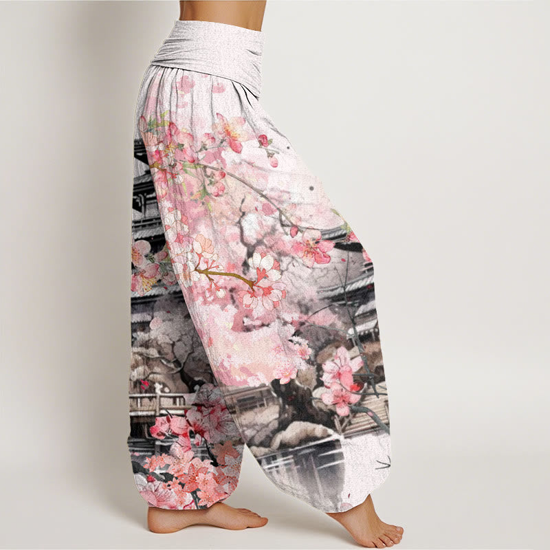 Nimara Ritual Cotton Pavilion Cherry Blossom Pattern Women's Elastic Waist Harem Pants
