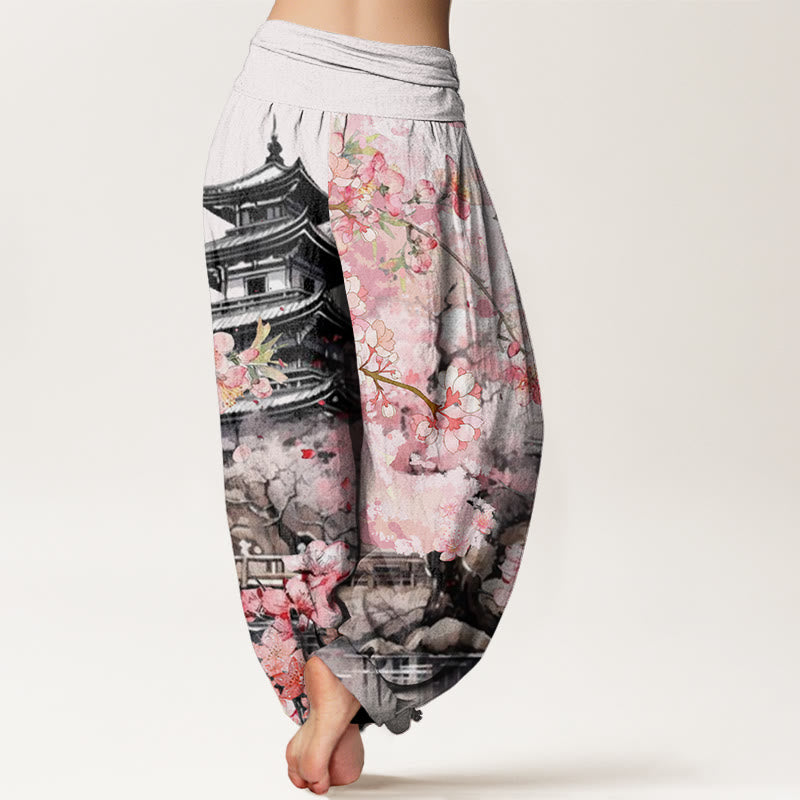 Nimara Ritual Cotton Pavilion Cherry Blossom Pattern Women's Elastic Waist Harem Pants