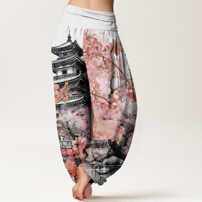 Nimara Ritual Cotton Pavilion Cherry Blossom Pattern Women's Elastic Waist Harem Pants