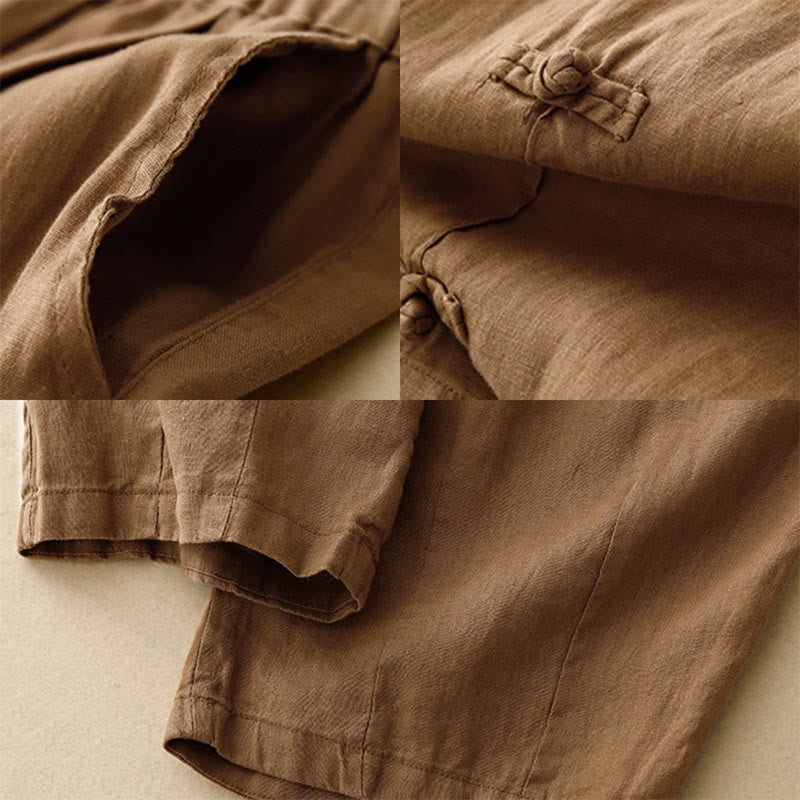 Nimara Ritual Casual Plain Frog-Button Design 7-8 Length Cotton Linen Women's Harem Pants With Pockets