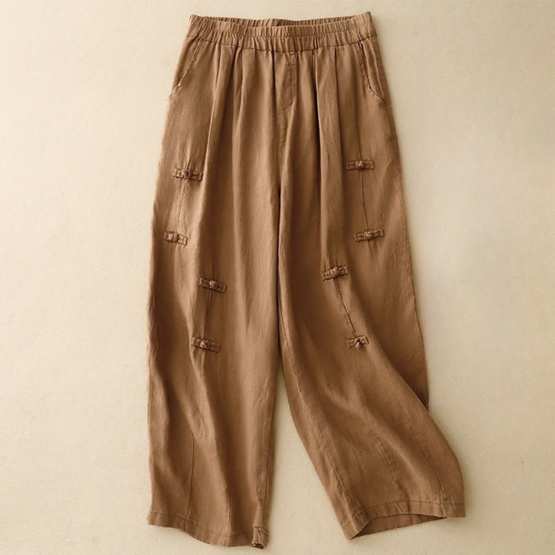 Nimara Ritual Casual Plain Frog-Button Design 7-8 Length Cotton Linen Women's Harem Pants With Pockets