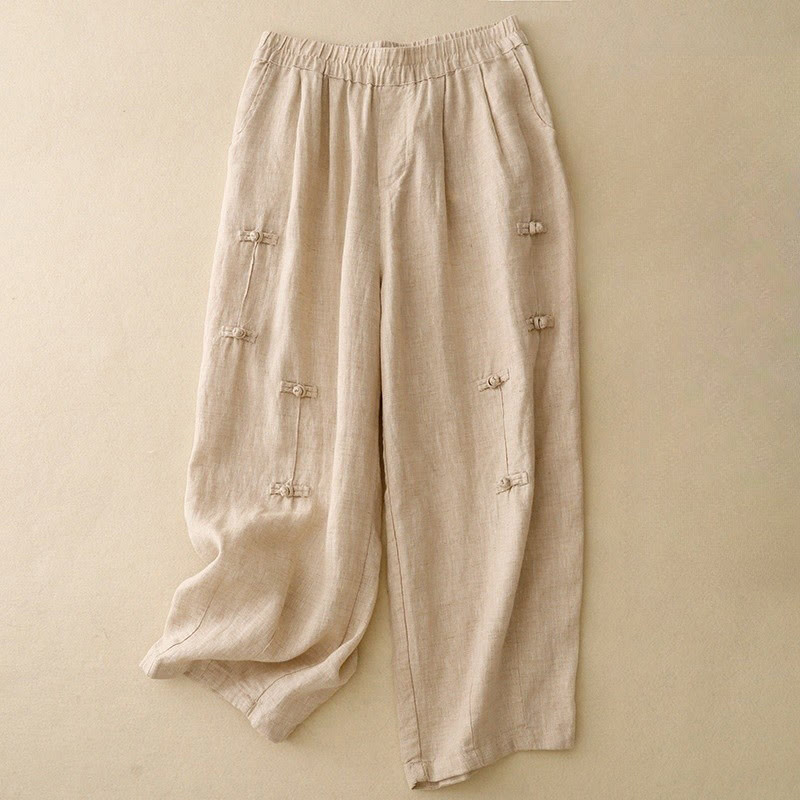 Nimara Ritual Casual Plain Frog-Button Design 7-8 Length Cotton Linen Women's Harem Pants With Pockets