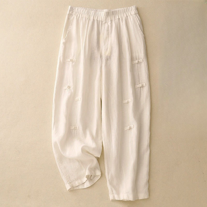 Nimara Ritual Casual Plain Frog-Button Design 7-8 Length Cotton Linen Women's Harem Pants With Pockets
