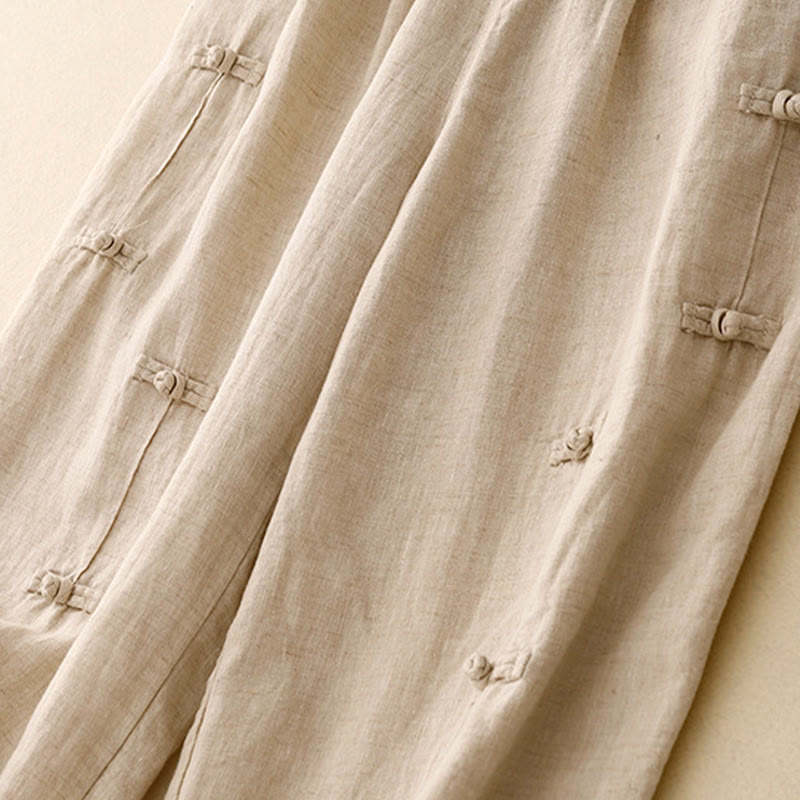 Nimara Ritual Casual Plain Frog-Button Design 7-8 Length Cotton Linen Women's Harem Pants With Pockets