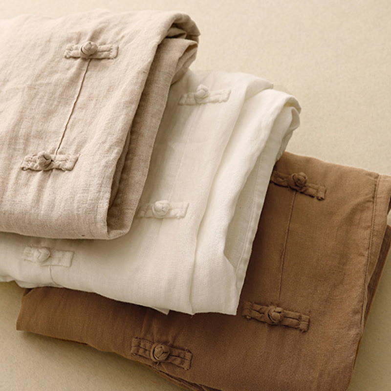 Nimara Ritual Casual Plain Frog-Button Design 7-8 Length Cotton Linen Women's Harem Pants With Pockets