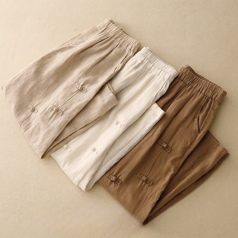 Nimara Ritual Casual Plain Frog-Button Design 7-8 Length Cotton Linen Women's Harem Pants With Pockets