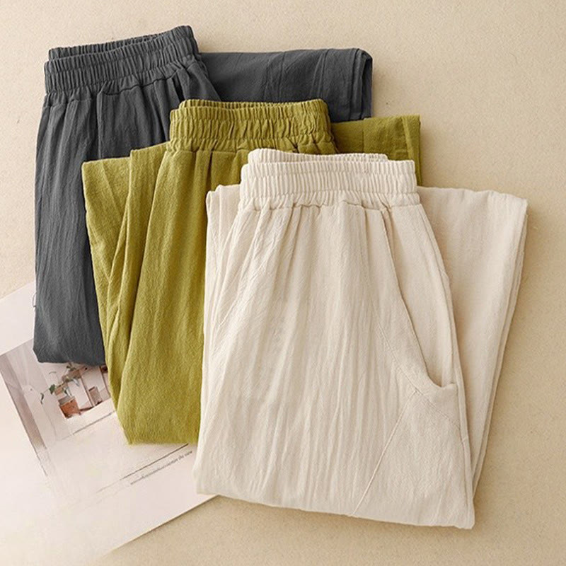 Nimara Ritual Daily Plain Elastic Waistband Cotton Linen Women's Pants With Pockets