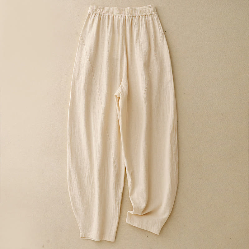 Nimara Ritual Daily Plain Elastic Waistband Cotton Linen Women's Pants With Pockets