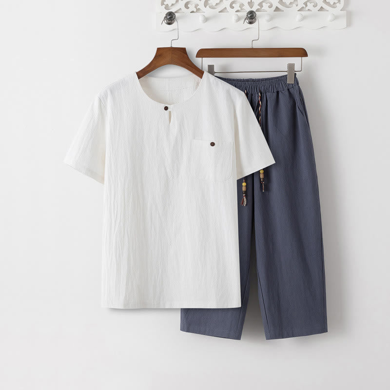 Nimara Ritual Summer 2Pcs Plain Short Sleeve T-Shirt 7-8 Length Pants Cotton Linen Tang Suit Men's Meditation Cloth Set With Pockets