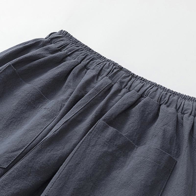 Nimara Ritual Summer 2Pcs Plain Short Sleeve T-Shirt 7-8 Length Pants Cotton Linen Tang Suit Men's Meditation Cloth Set With Pockets