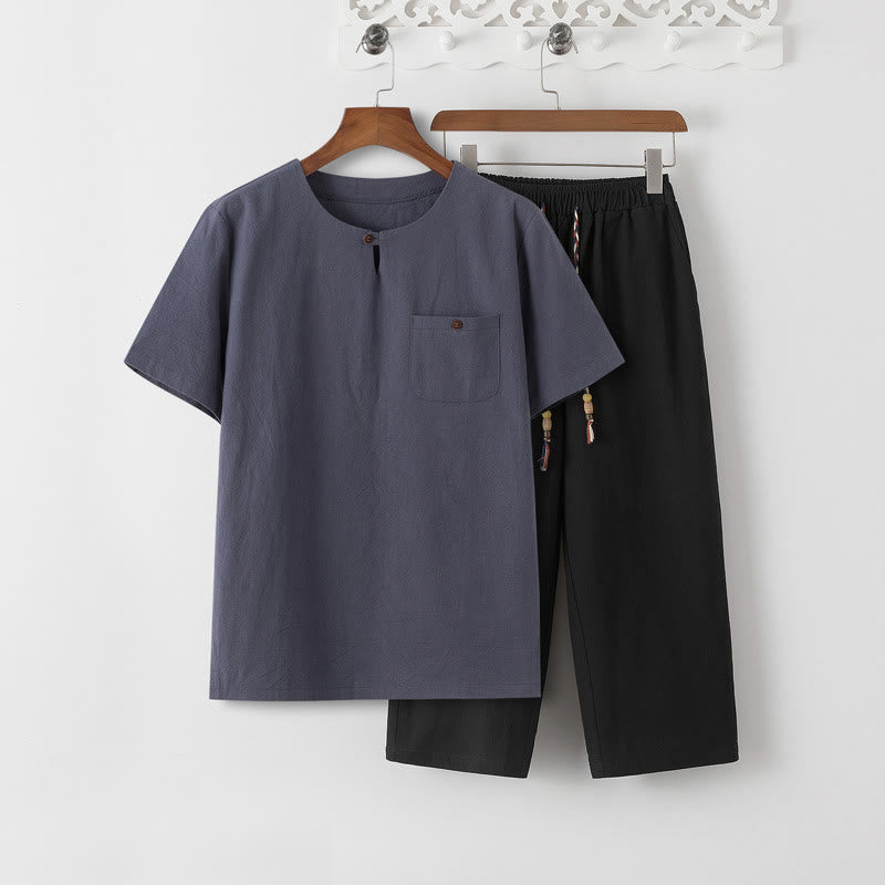 Nimara Ritual Summer 2Pcs Plain Short Sleeve T-Shirt 7-8 Length Pants Cotton Linen Tang Suit Men's Meditation Cloth Set With Pockets