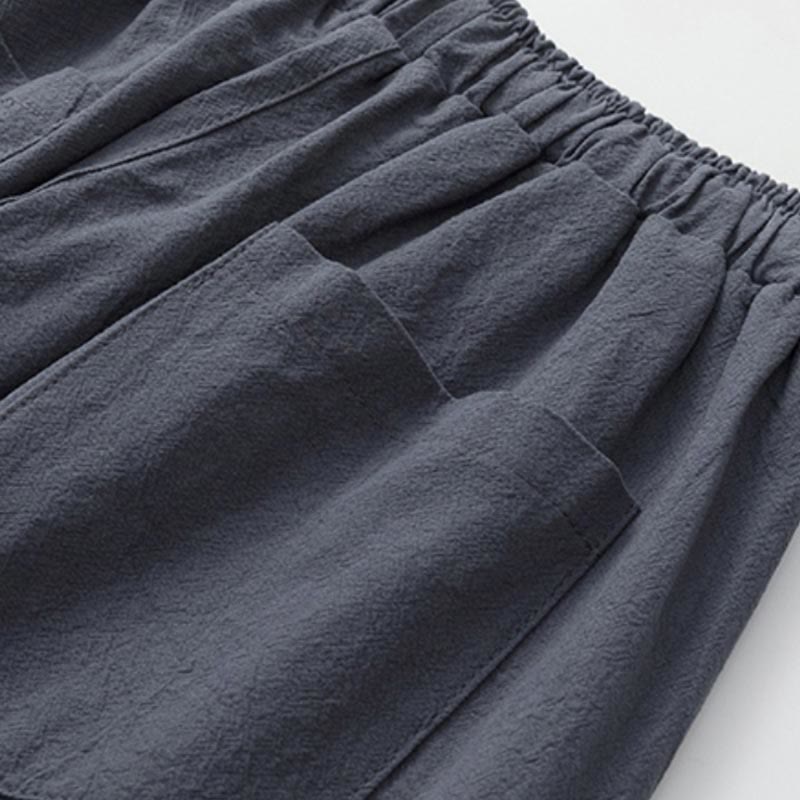 Nimara Ritual Summer 2Pcs Plain Short Sleeve T-Shirt 7-8 Length Pants Cotton Linen Tang Suit Men's Meditation Cloth Set With Pockets
