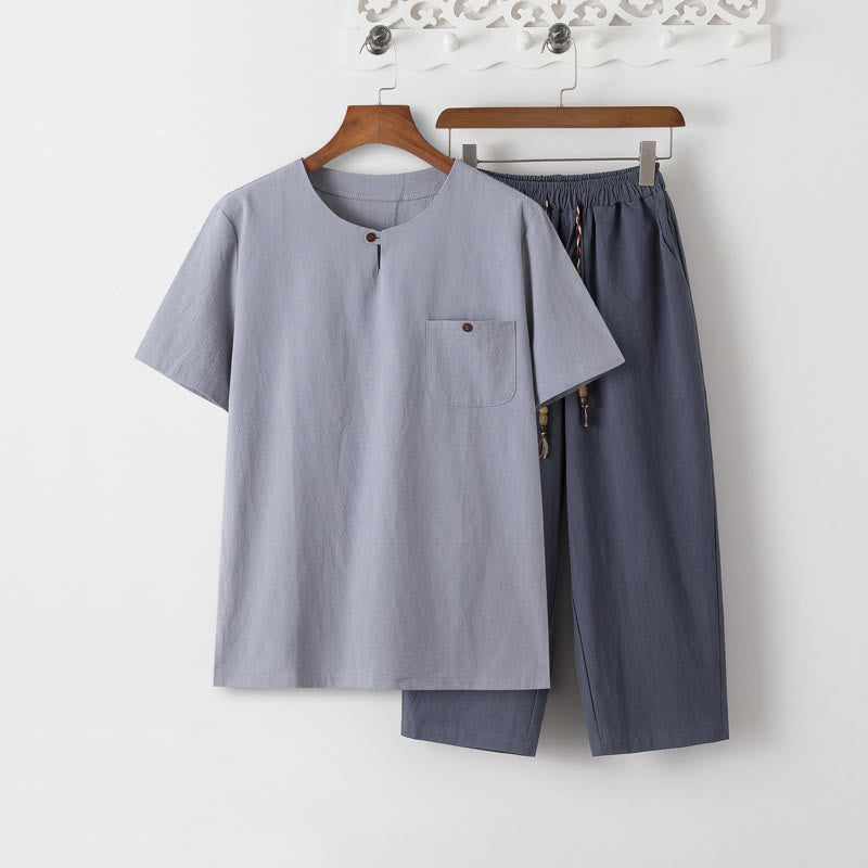 Nimara Ritual Summer 2Pcs Plain Short Sleeve T-Shirt 7-8 Length Pants Cotton Linen Tang Suit Men's Meditation Cloth Set With Pockets