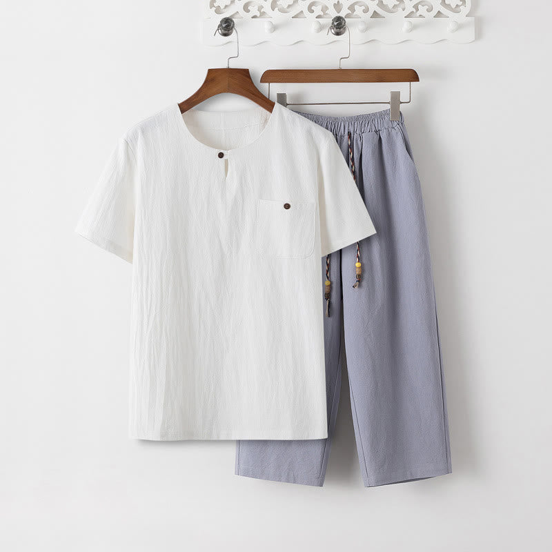 Nimara Ritual Summer 2Pcs Plain Short Sleeve T-Shirt 7-8 Length Pants Cotton Linen Tang Suit Men's Meditation Cloth Set With Pockets