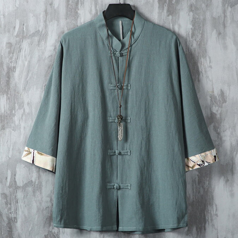 Nimara Ritual Summer Frog-button Patchwork Half Sleeve Design Cotton Linen Men's Shirt Jacket